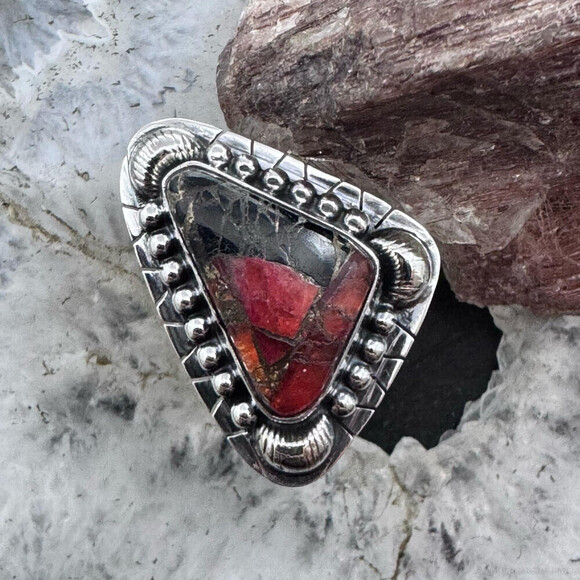 Sterling Silver Southwestern Style Triangle Red Moss Agate Ring Size 6 For Women